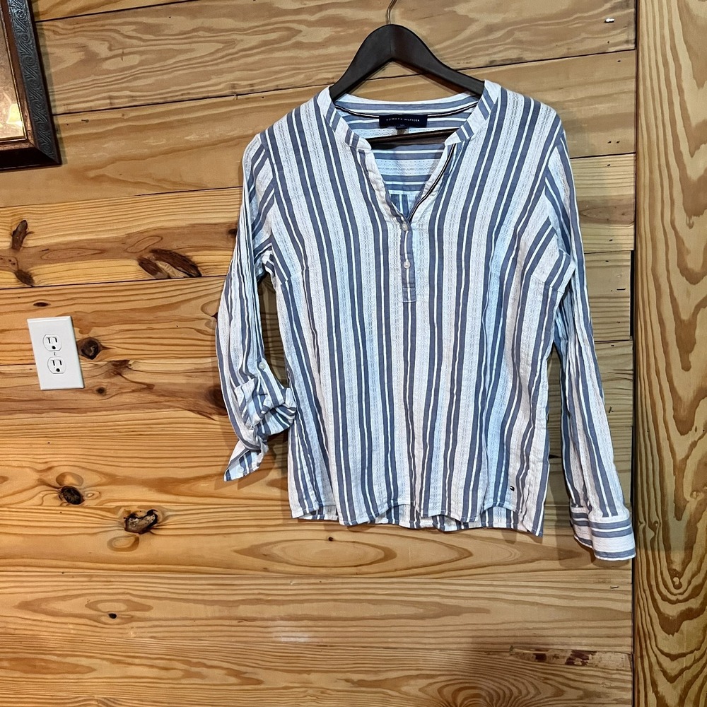 Tommy Hilfiger Women's Large Cotton Blue White Striped Popover Split-Neck Blouse